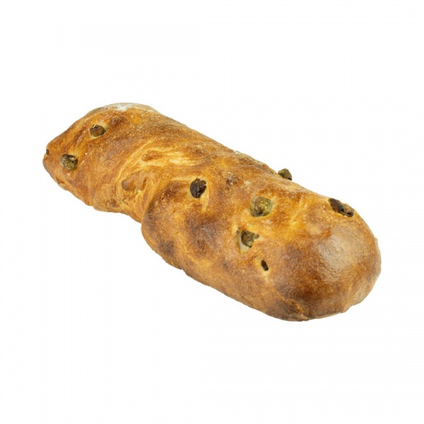 Ein längliches, rustikales Weizenbrot, angereichert mit aromatischen Oliven. Ideal für hohe gastronomische Ansprüche.