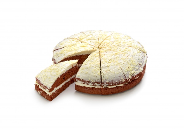 Pastel de forma redonda rellena con una base de bizcocho "red-velvet", recubierto con crema de queso (38,5%) y virtuas de chocolate blanco. ¡Su contraste de colores no te dejará indiferente!