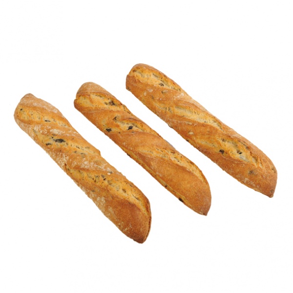 Halbes Baguette aus Oliven, nativem Olivenöl und Roggensauerteig hergestellt. Sehr knusprig!